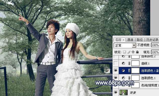 ‘Photoshop为树林婚片打造梦幻的暗青色‘