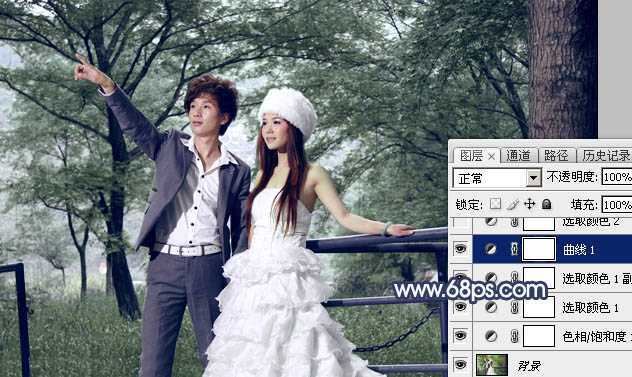 ‘Photoshop为树林婚片打造梦幻的暗青色‘