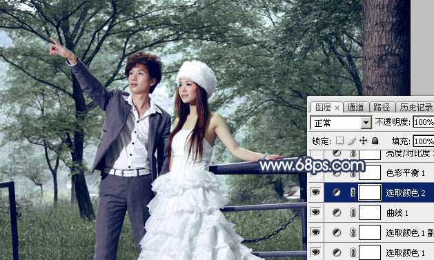 ‘Photoshop为树林婚片打造梦幻的暗青色‘