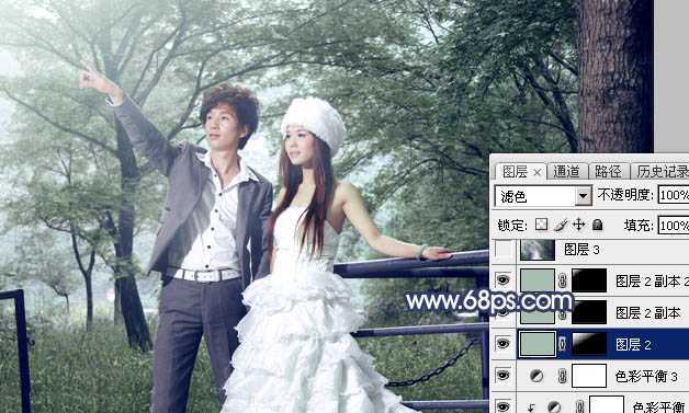 ‘Photoshop为树林婚片打造梦幻的暗青色‘