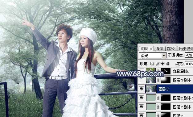 ‘Photoshop为树林婚片打造梦幻的暗青色‘