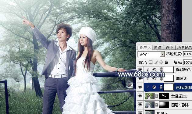 ‘Photoshop为树林婚片打造梦幻的暗青色‘
