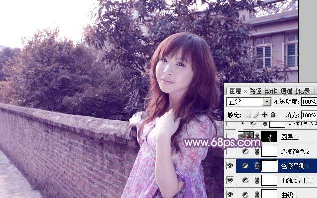 ‘photoshop将靠在围墙边的美女图片调制出甜美的暗紫色‘