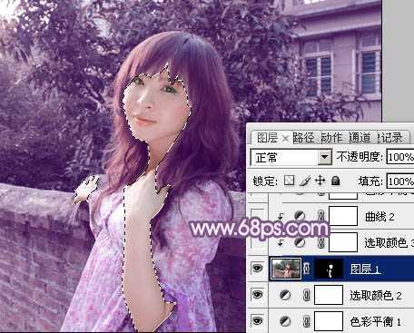 ‘photoshop将靠在围墙边的美女图片调制出甜美的暗紫色‘