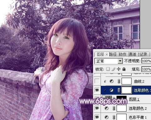 ‘photoshop将靠在围墙边的美女图片调制出甜美的暗紫色‘