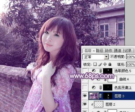 ‘photoshop将靠在围墙边的美女图片调制出甜美的暗紫色‘