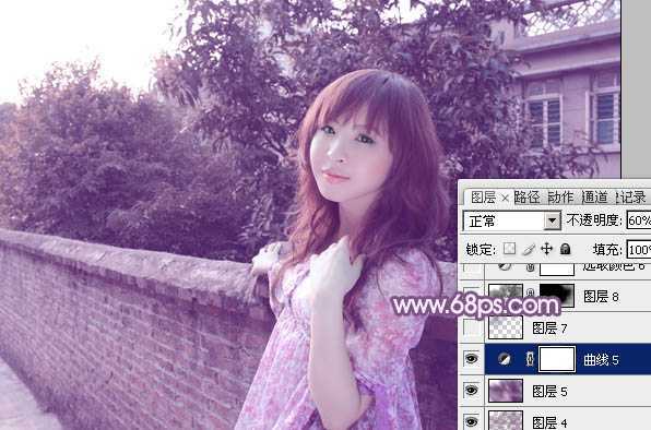 ‘photoshop将靠在围墙边的美女图片调制出甜美的暗紫色‘