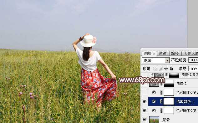 ‘Photoshop调出为梦幻的粉色晨雾草原人物图片‘