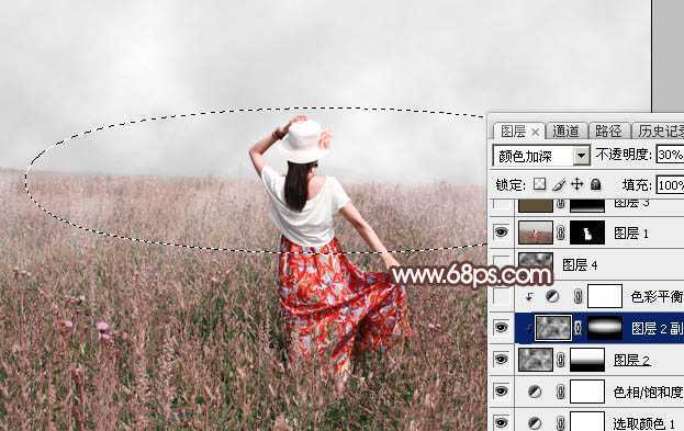 ‘Photoshop调出为梦幻的粉色晨雾草原人物图片‘