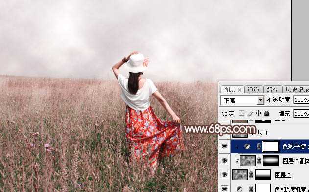 ‘Photoshop调出为梦幻的粉色晨雾草原人物图片‘