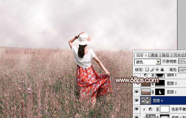 ‘Photoshop调出为梦幻的粉色晨雾草原人物图片‘