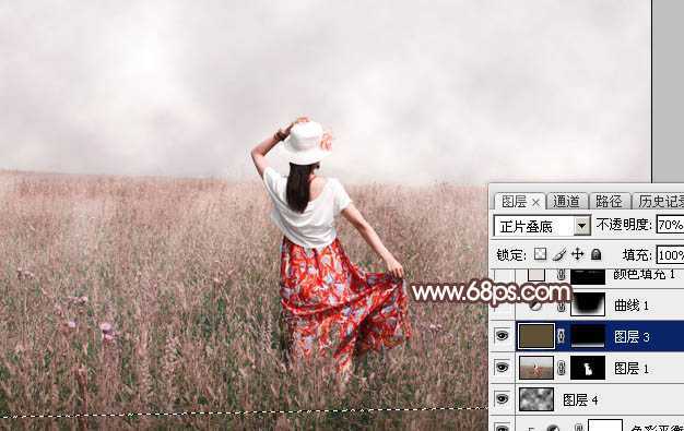‘Photoshop调出为梦幻的粉色晨雾草原人物图片‘