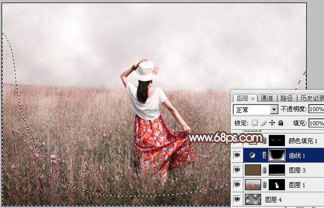 ‘Photoshop调出为梦幻的粉色晨雾草原人物图片‘