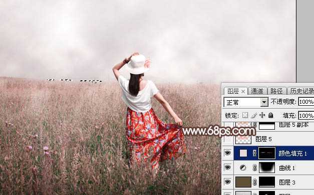 ‘Photoshop调出为梦幻的粉色晨雾草原人物图片‘