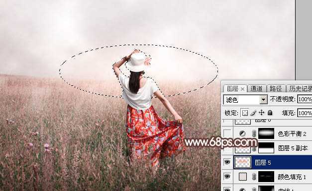 ‘Photoshop调出为梦幻的粉色晨雾草原人物图片‘