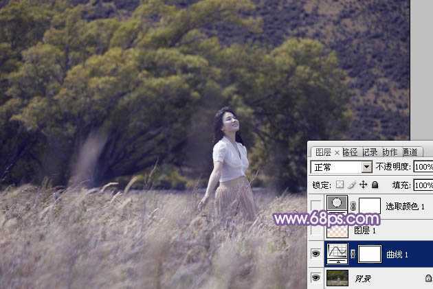 ‘Photoshop为旷野美女图片调制出淡蓝韩系色彩‘