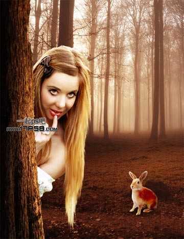 ‘用photoshop合成躲在大树后面藏猫猫的调皮美女‘