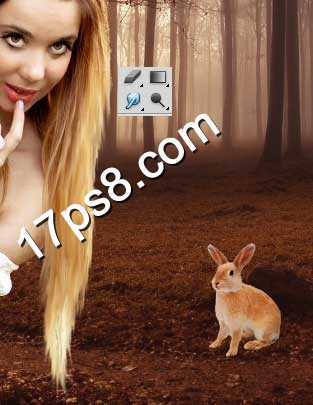 ‘用photoshop合成躲在大树后面藏猫猫的调皮美女‘