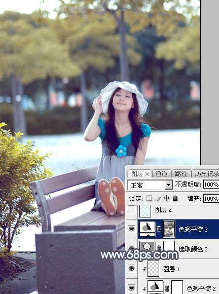 ‘Photoshop给公园长凳上的美女调制出秋季蓝黄色‘