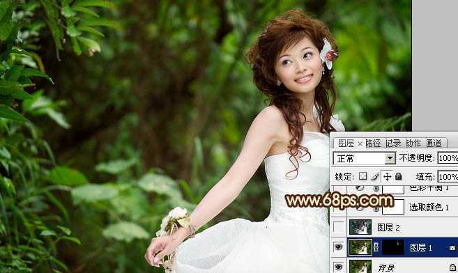 ‘Photoshop将树林美女图片调成甜美的青褐色‘