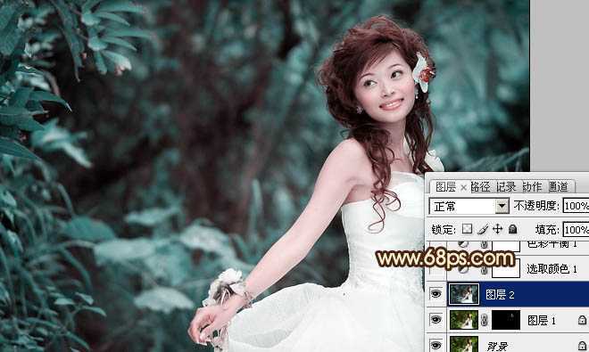 ‘Photoshop将树林美女图片调成甜美的青褐色‘