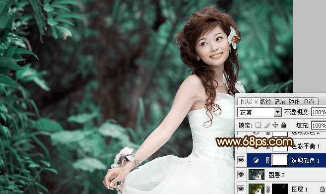 ‘Photoshop将树林美女图片调成甜美的青褐色‘