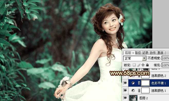 ‘Photoshop将树林美女图片调成甜美的青褐色‘