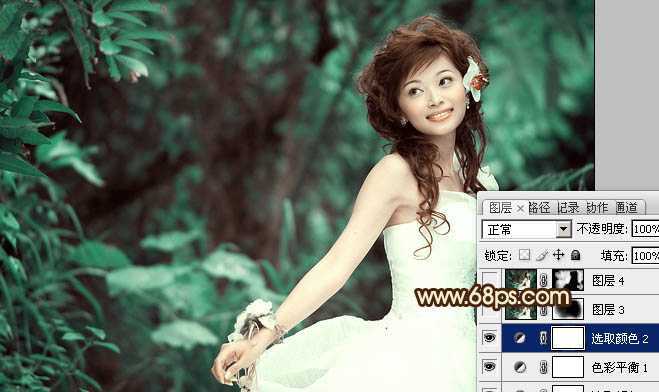 ‘Photoshop将树林美女图片调成甜美的青褐色‘