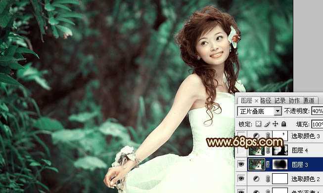 ‘Photoshop将树林美女图片调成甜美的青褐色‘