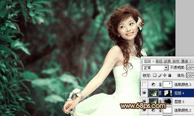 ‘Photoshop将树林美女图片调成甜美的青褐色‘