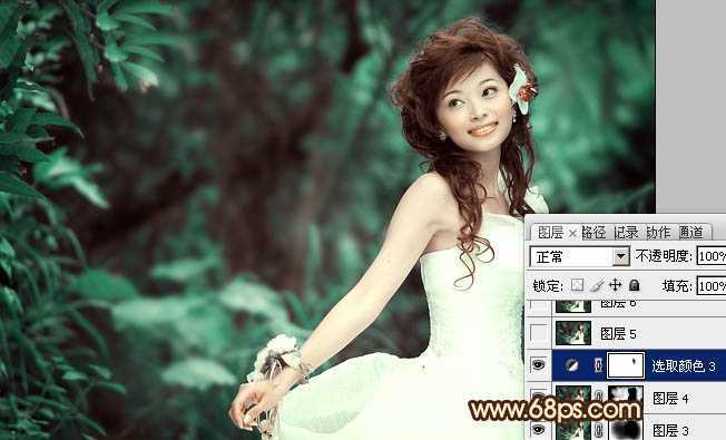 ‘Photoshop将树林美女图片调成甜美的青褐色‘