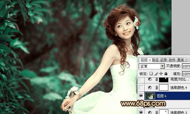 ‘Photoshop将树林美女图片调成甜美的青褐色‘