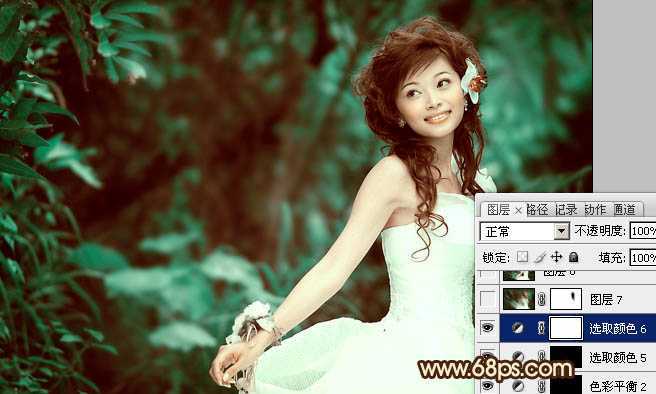 ‘Photoshop将树林美女图片调成甜美的青褐色‘