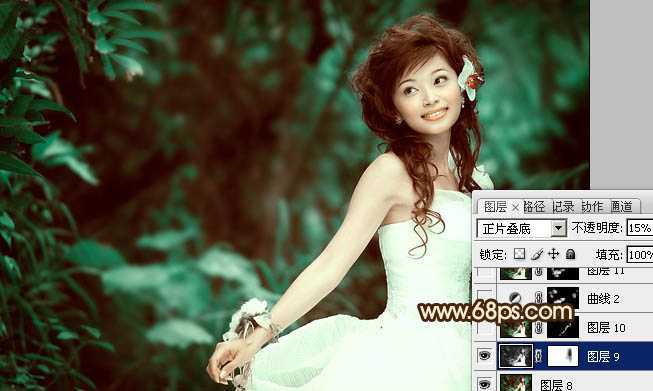 ‘Photoshop将树林美女图片调成甜美的青褐色‘