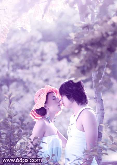 ‘Photoshop树林人物图片调制出流行的淡雅柔美的日韩粉蓝色效果‘