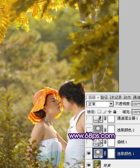 ‘Photoshop树林人物图片调制出流行的淡雅柔美的日韩粉蓝色效果‘