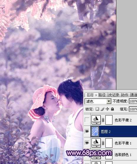 ‘Photoshop树林人物图片调制出流行的淡雅柔美的日韩粉蓝色效果‘