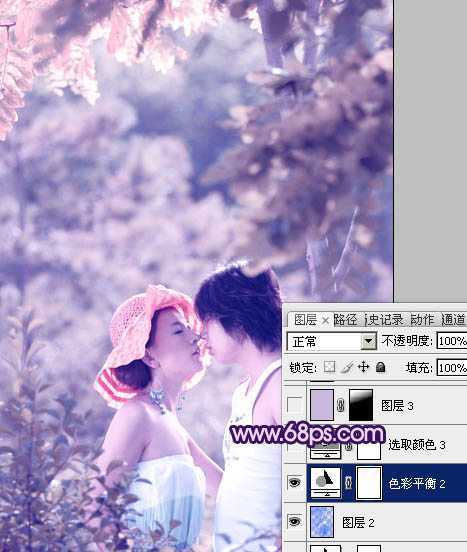 ‘Photoshop树林人物图片调制出流行的淡雅柔美的日韩粉蓝色效果‘