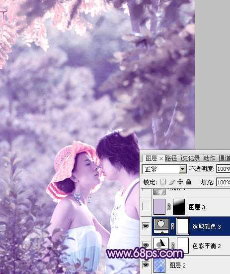 ‘Photoshop树林人物图片调制出流行的淡雅柔美的日韩粉蓝色效果‘