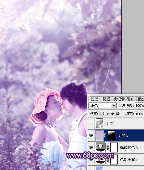 ‘Photoshop树林人物图片调制出流行的淡雅柔美的日韩粉蓝色效果‘