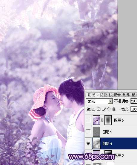 ‘Photoshop树林人物图片调制出流行的淡雅柔美的日韩粉蓝色效果‘