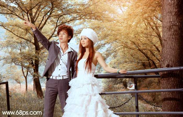 ‘Photoshop调制出唯美的秋季暖色树林婚片‘