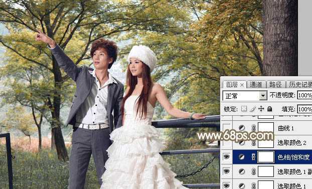 ‘Photoshop调制出唯美的秋季暖色树林婚片‘