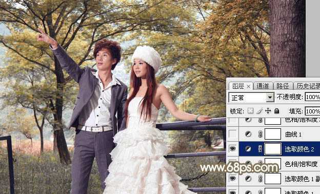 ‘Photoshop调制出唯美的秋季暖色树林婚片‘