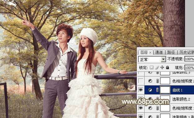 ‘Photoshop调制出唯美的秋季暖色树林婚片‘