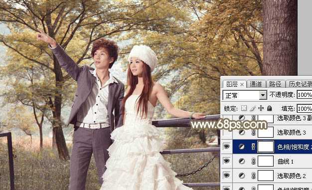 ‘Photoshop调制出唯美的秋季暖色树林婚片‘