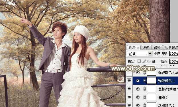 ‘Photoshop调制出唯美的秋季暖色树林婚片‘