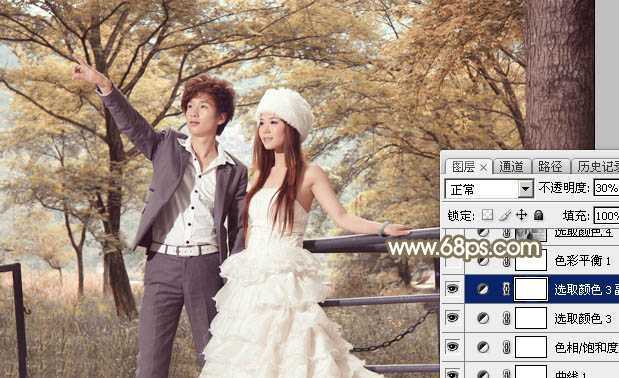 ‘Photoshop调制出唯美的秋季暖色树林婚片‘