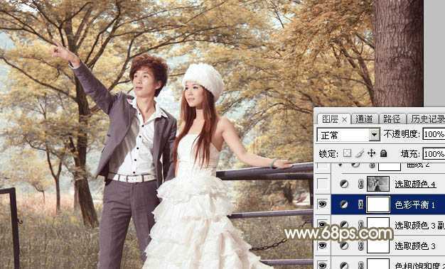 ‘Photoshop调制出唯美的秋季暖色树林婚片‘