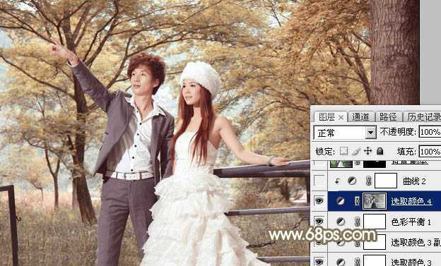 ‘Photoshop调制出唯美的秋季暖色树林婚片‘